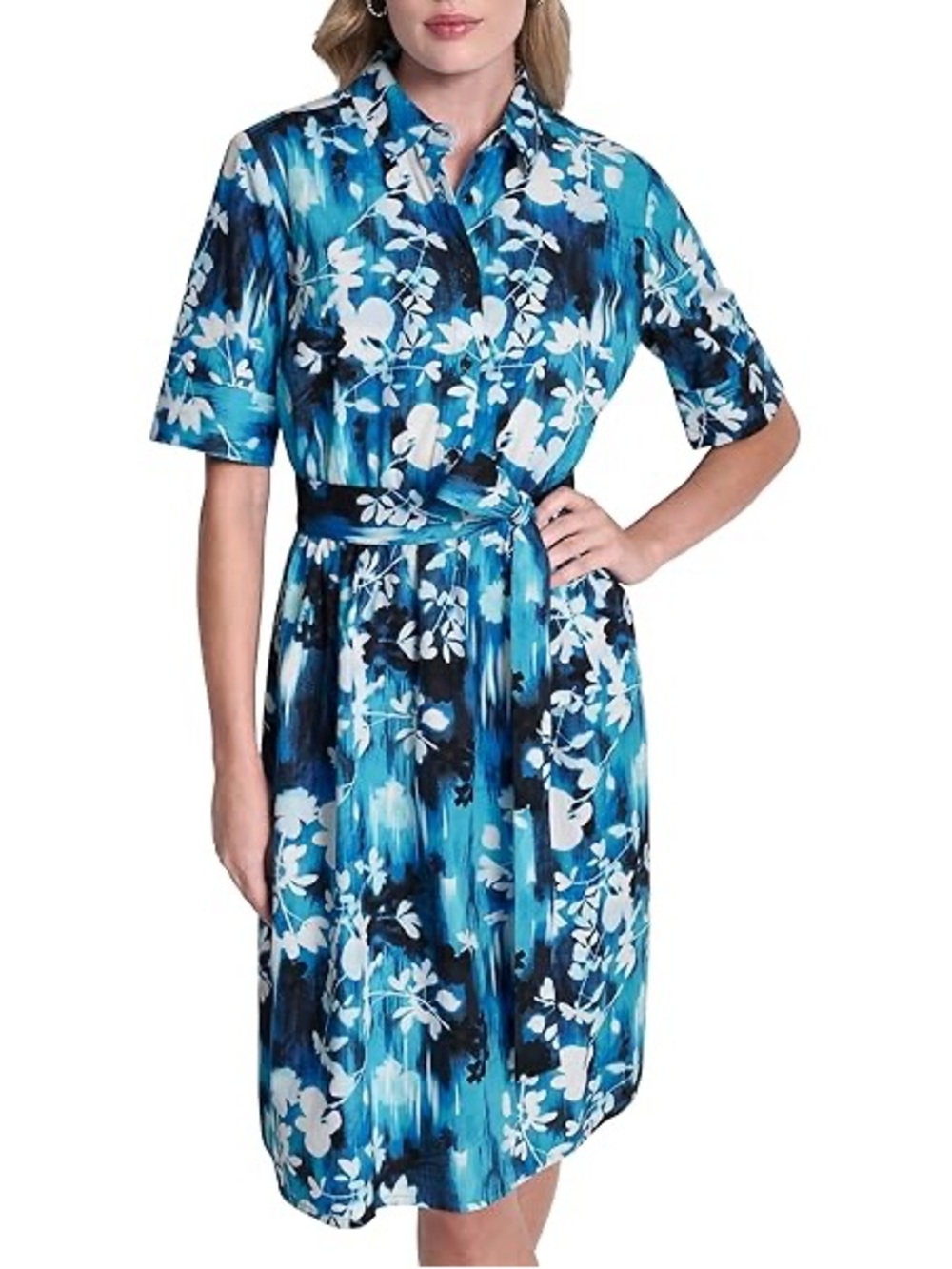 DKNY Blue and White Floral Shirt Dress with Tie Waist